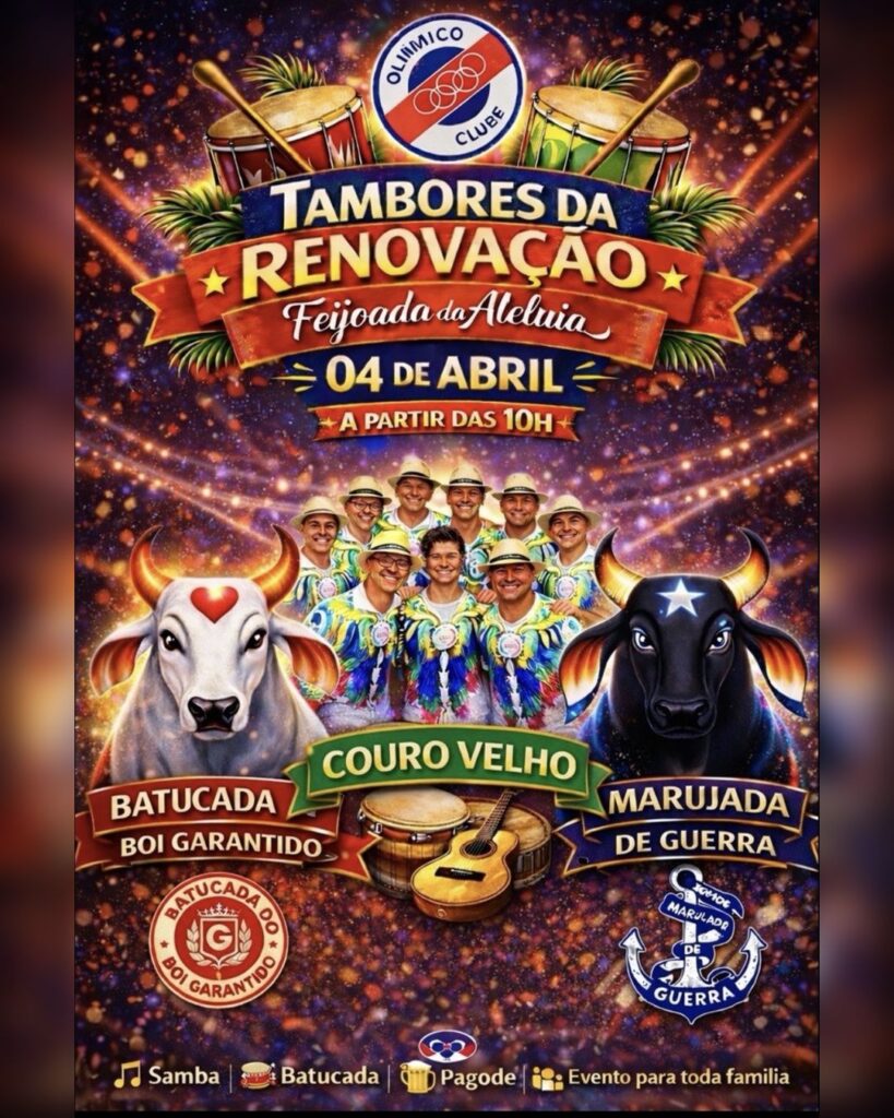 MÚSICA, FEIJOADA E TRADIÇÃO: Olímpico Clube realiza “Tambores da Renovação” no Sábado de Aleluia